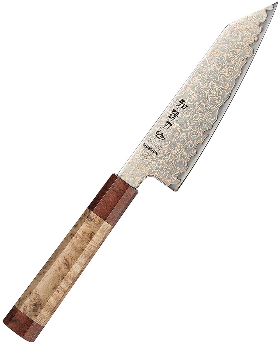 Hezhen - Koper Damascus staal (37 laags - 12Cr18MoV kern) - X05C Retro Series - Klein Bunka mes (16.5 cm)
