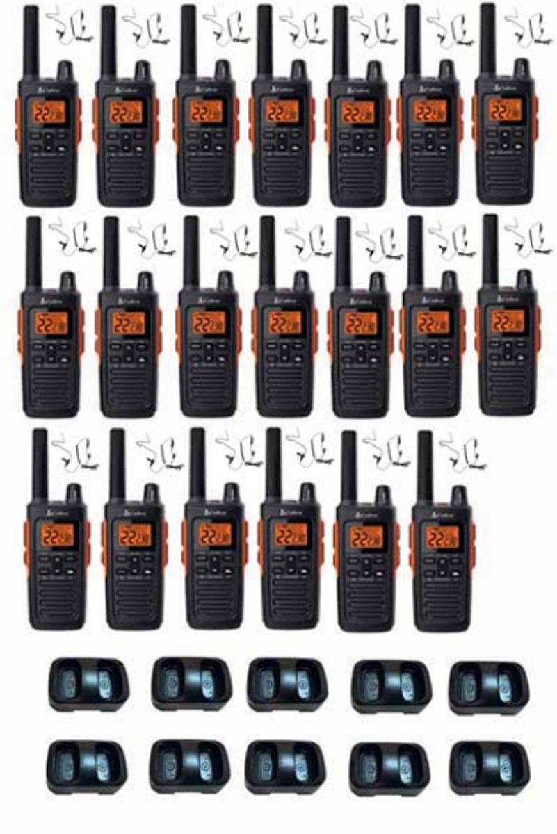 Set van 20 Cobra RX680 PMR446 portofoons IP54 met tafellader en beveiliging oortje