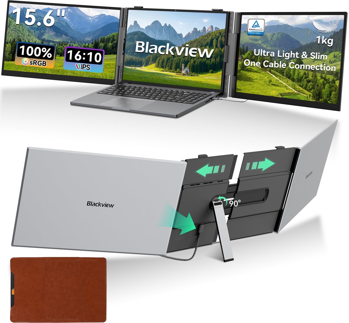 Blackview DCM8 Pro 15,3" dubbele draagbare Laptopmonitor FHD - Ultradun 4,6mm & Lichtgewicht 1,2kg - 100% sRGB-USB-C aansluiting via één kabel – inclusief kabels en beschermhoes-Blauwlichtfilter- Luidsprekers - Grijs