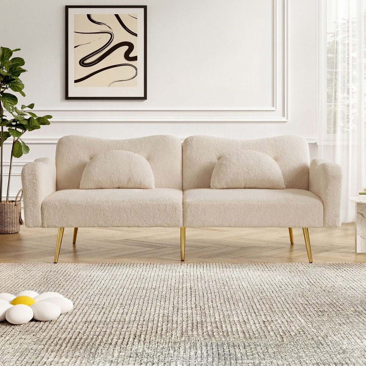 MODFU - Tweezits Slaapbank - Verstelbare Rugleuning En Slaapfunctie - Modern - Schuim En Metaal - Beige En Naturel - 155 X 85,5 Cm