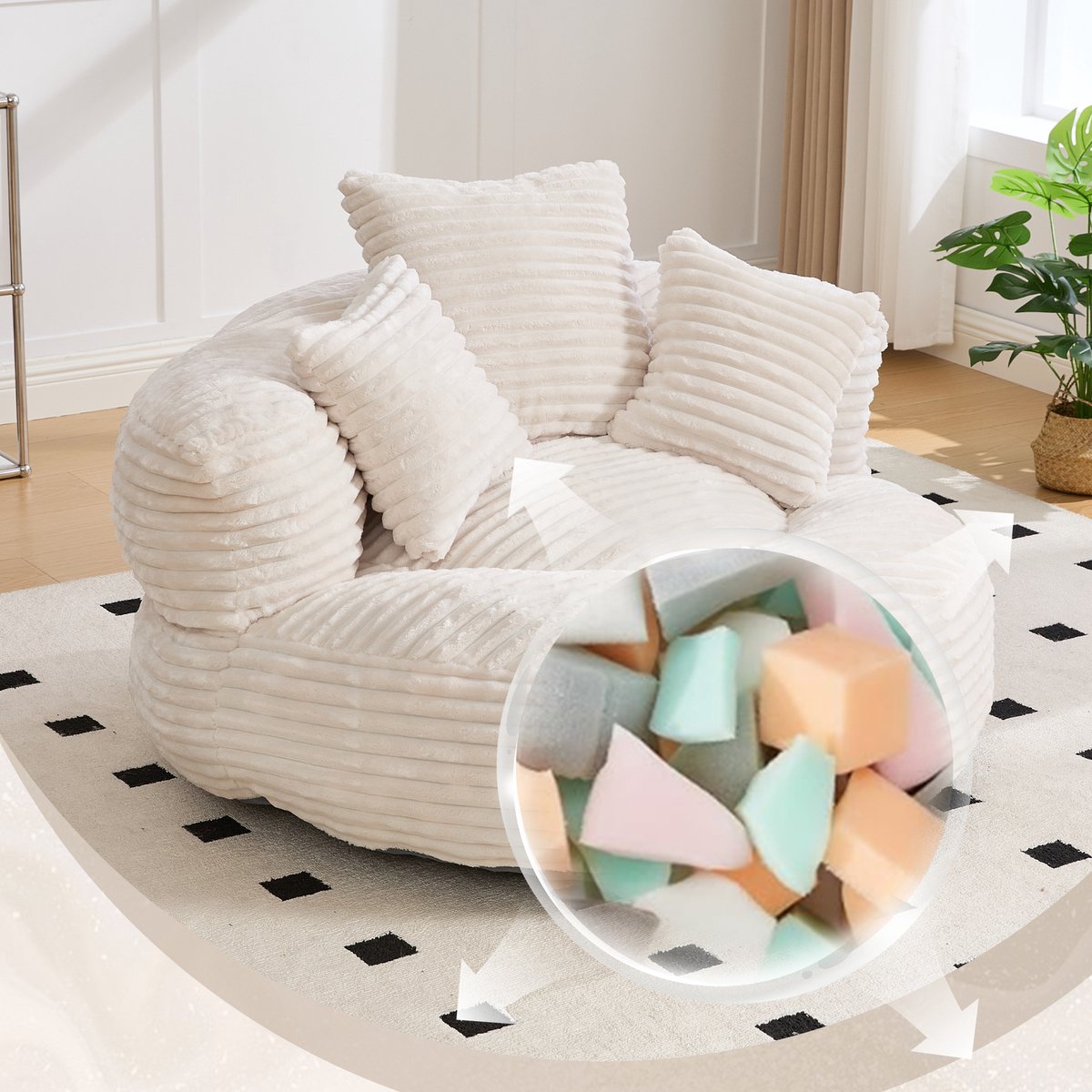 MODFU Zitzakstoel - Hoge Rugleuning En Armleuningen - Modern - Voor Woonkamer - Ribfluweel - Beige - 108 X 108 X 52 Cm