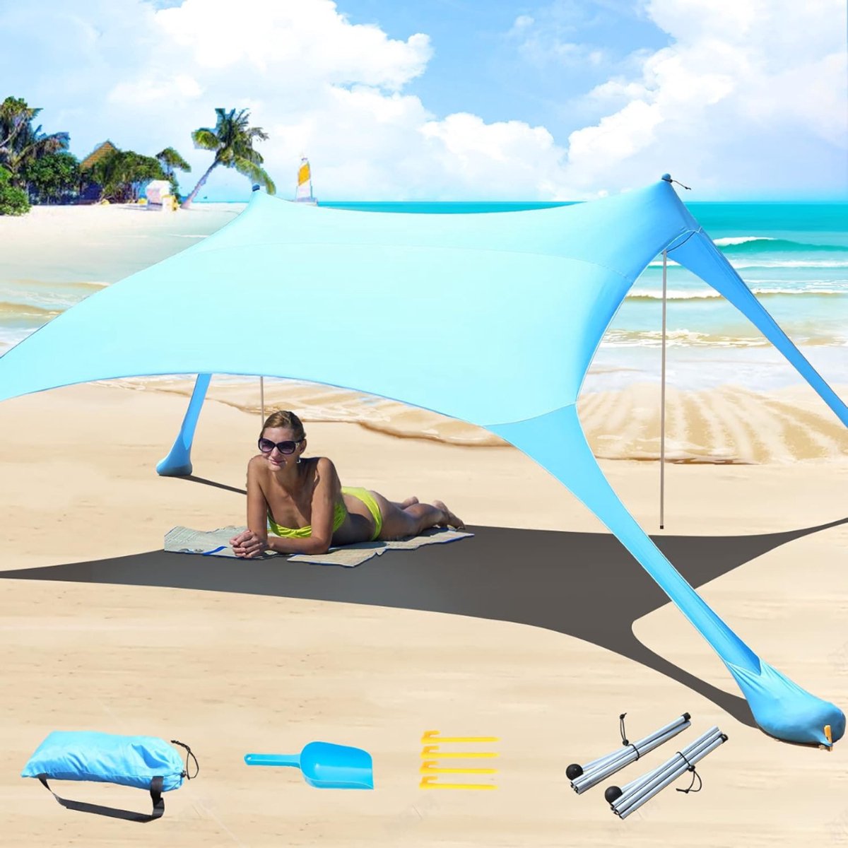 CLVP® Strandtent UV Bescherming - Strandtent Baby Pop Up – Strandtentje Extra Licht – Strandschelp – Strand Tent –Lichtblauw