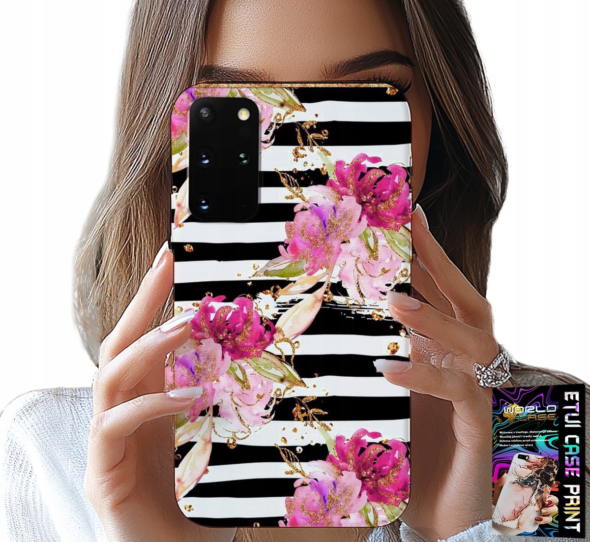 HOESJE VOOR SAMSUNG GALAXY S20 PLUS - BLOEMENPATROON IN ZWART-WIT GESTREEPT