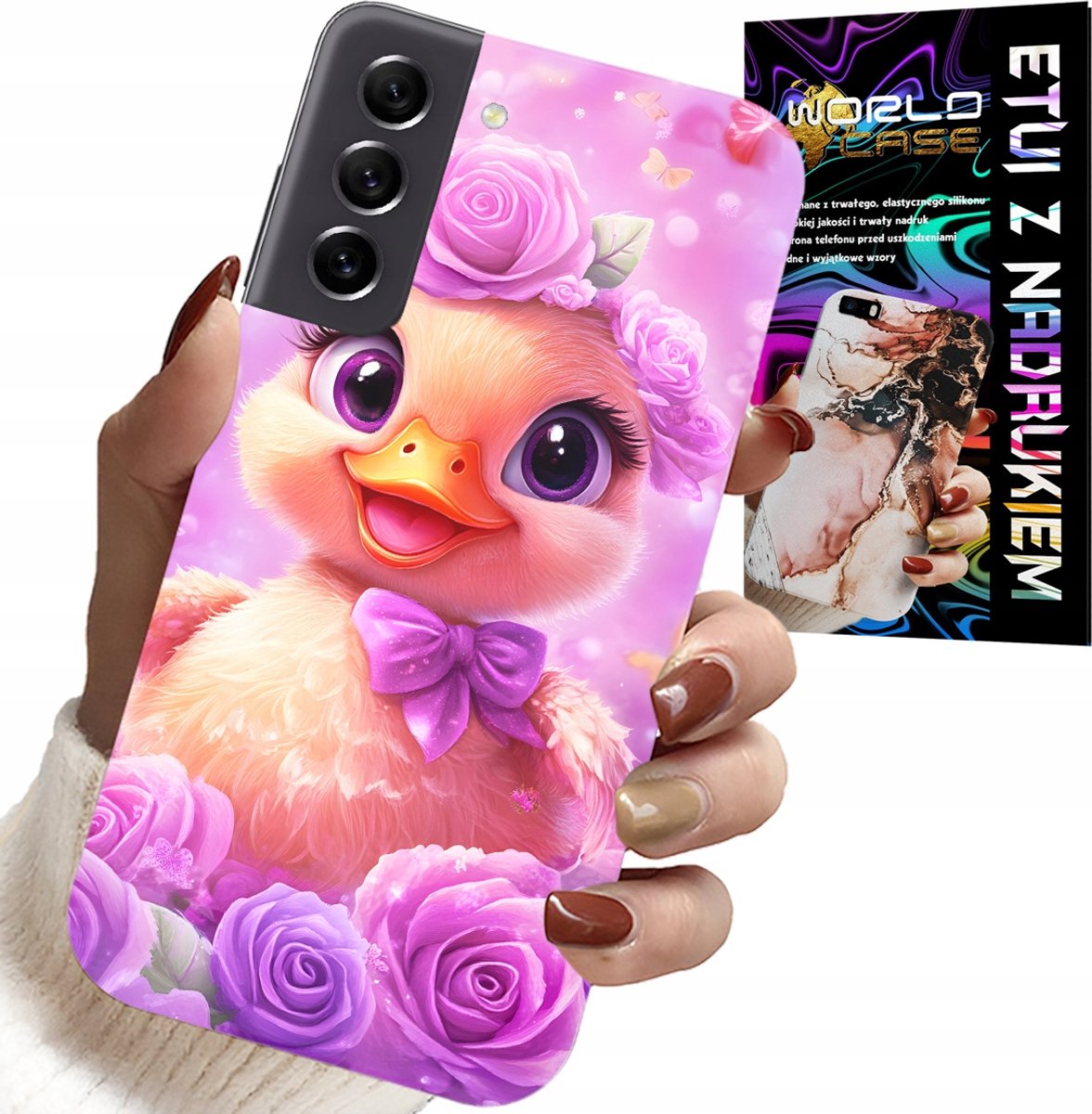 HOESJE VOOR SAMSUNG GALAXY S21 FE - SCHATTIG EENDJE OP EEN ROZE ACHTERGROND