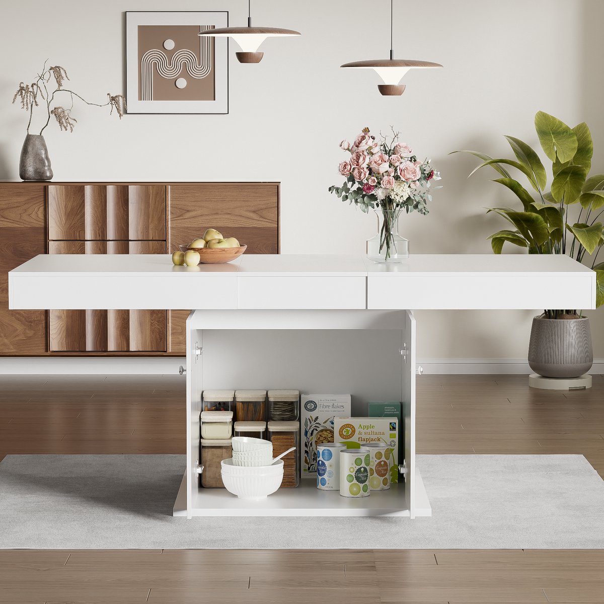 REDOM Uitschuifbare Eettafel - Met Opbergruimte - Modern - Voor Eethoek - Spaanplaat - Wit - 140/180 Cm