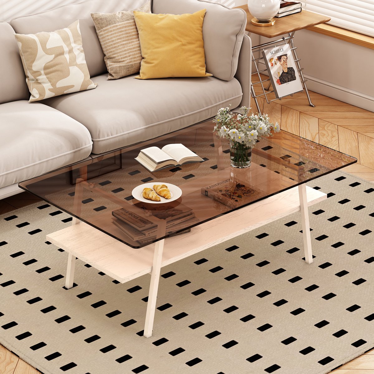 Wishdor Salontafel - Rechthoekig gehard glas - Met MDF en witte metalen poten - Modern woonkamer meubel - Met onderste plank - Bruin wit - Voor woonkamer - 98 x 58 x 42,5 cm