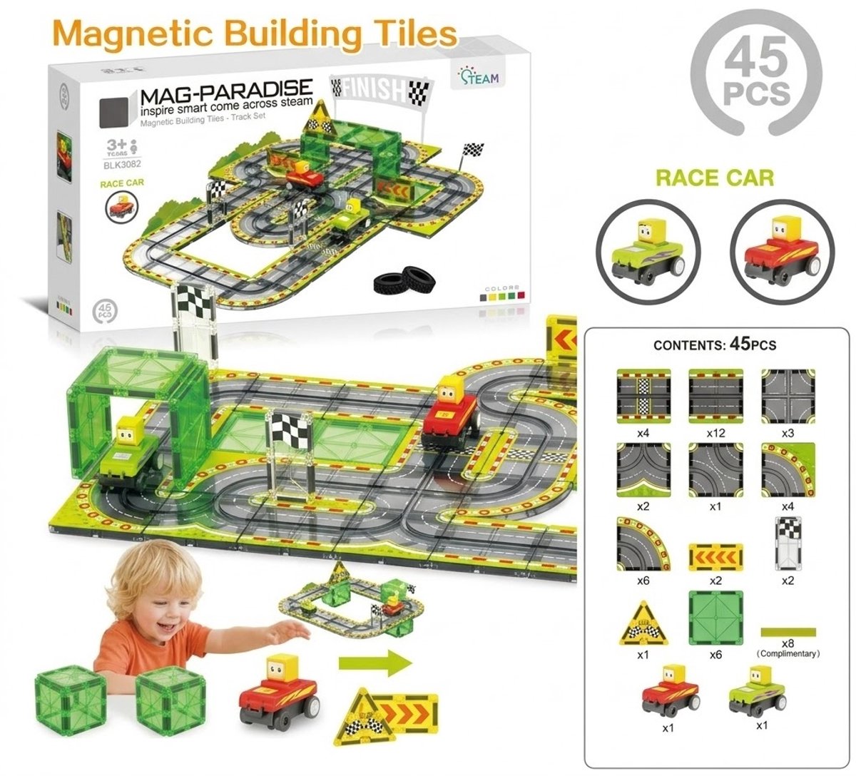 Magnetische Bouwtegels Racebaan Set – 45 Delig – Inclusief Auto’s & Verkeersborden – STEM Educatief Speelgoed – Magnetische Racebaan – Cadeau voor Kinderen 3+ Jaar