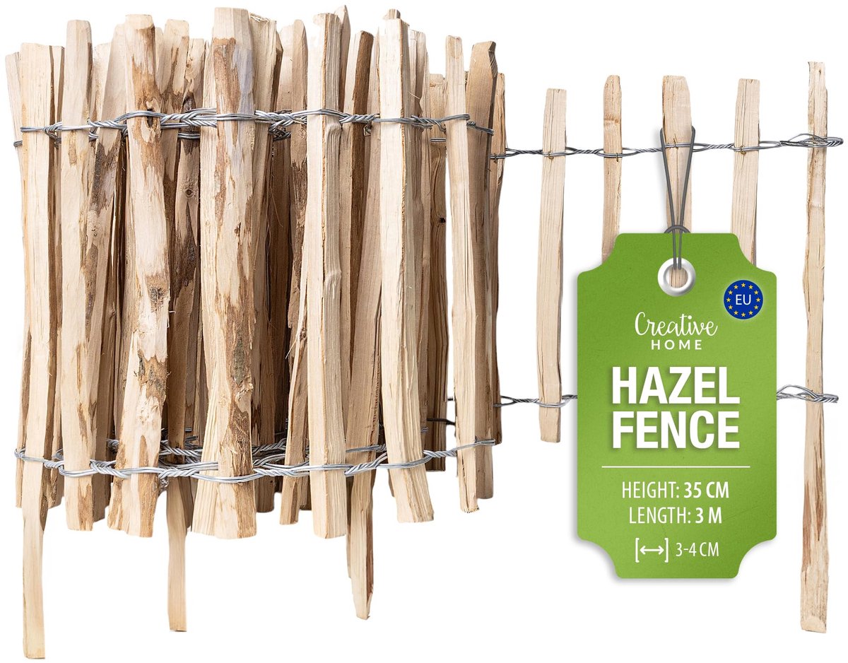 Creative Home houten schutting 35cm hoog en 3m lang | hazelnoot schutting | rolschutting | lamelafstand 3-4 cm | schutting tuin Ideaal als gazonrand bloemperk rand gemaakt van hazelnoot