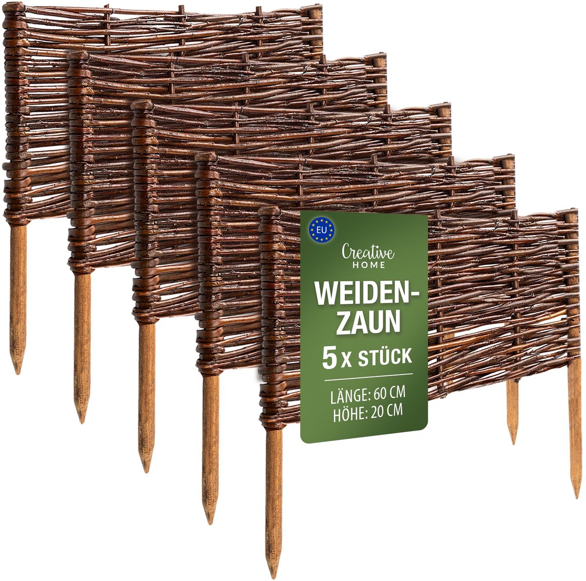 Creative Home rieten bedrand rieten schutting set van 5 | 60 x 20 cm (+/- 1 cm) | tuinafscheiding bedrand piket schutting | gazonafscheiding bedrand | decoratieve schutting tuin