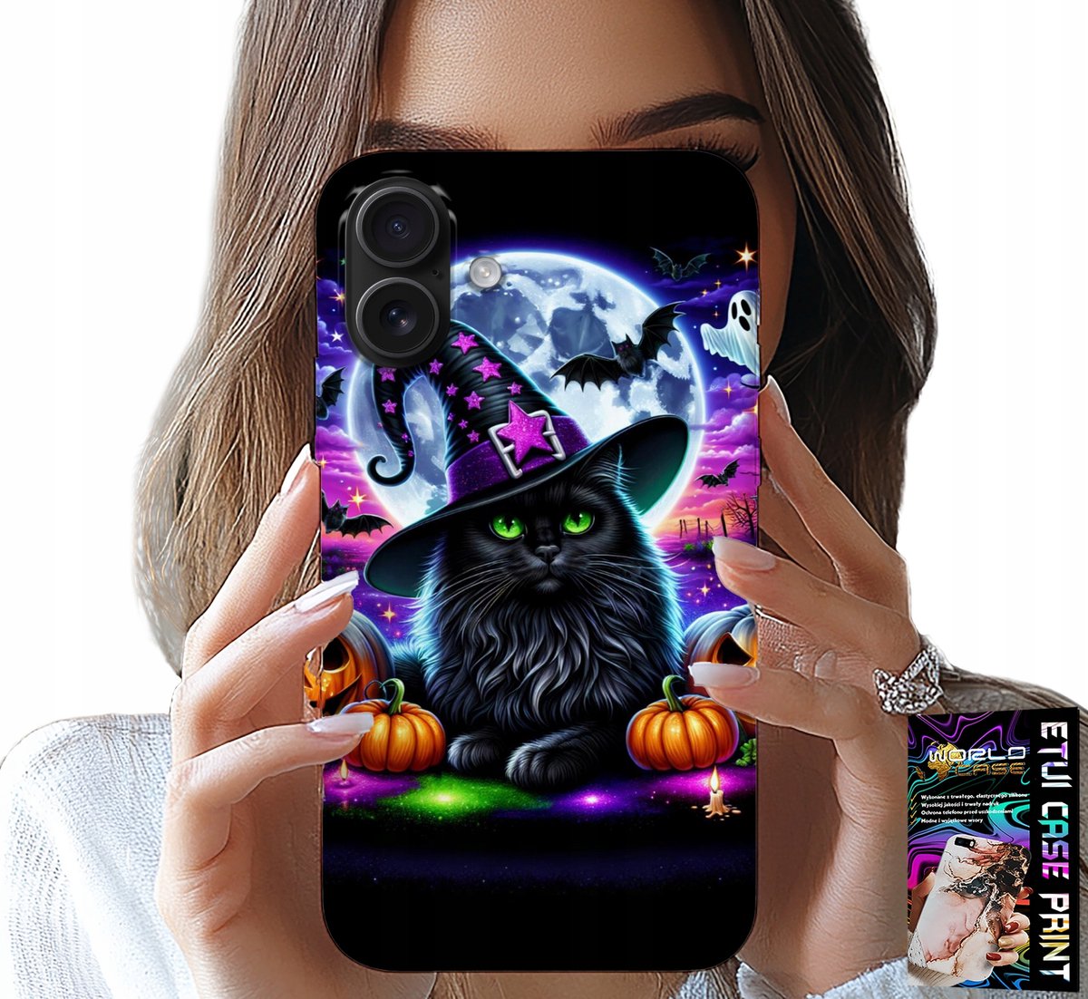 iPhone 16 Plus hoesje - Zwart Kitty Halloween Salem pompoenpatroon