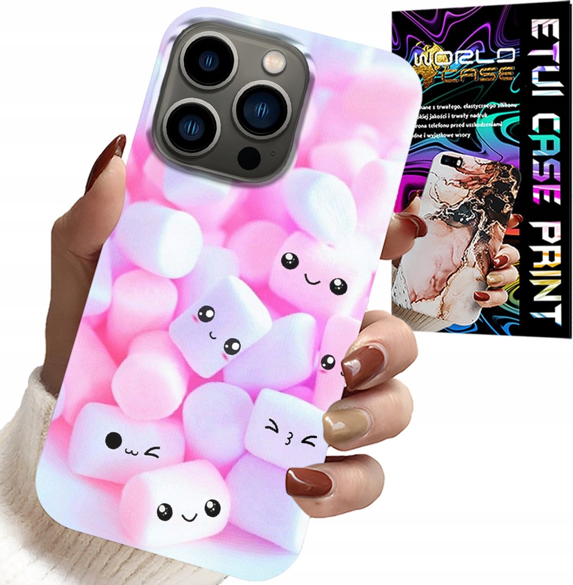 HOESJE VOOR IPHONE 16 PRO MAX - PATROON 'Sweet Marshmallow', VOORZIJDE, ACHTERKANT
