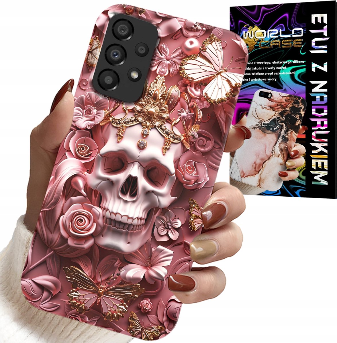 HOESJE VOOR SAMSUNG GALAXY A23 5G - VROUWELIJK, MODIEUS PATROON, SCHEDEL MET ROZEN