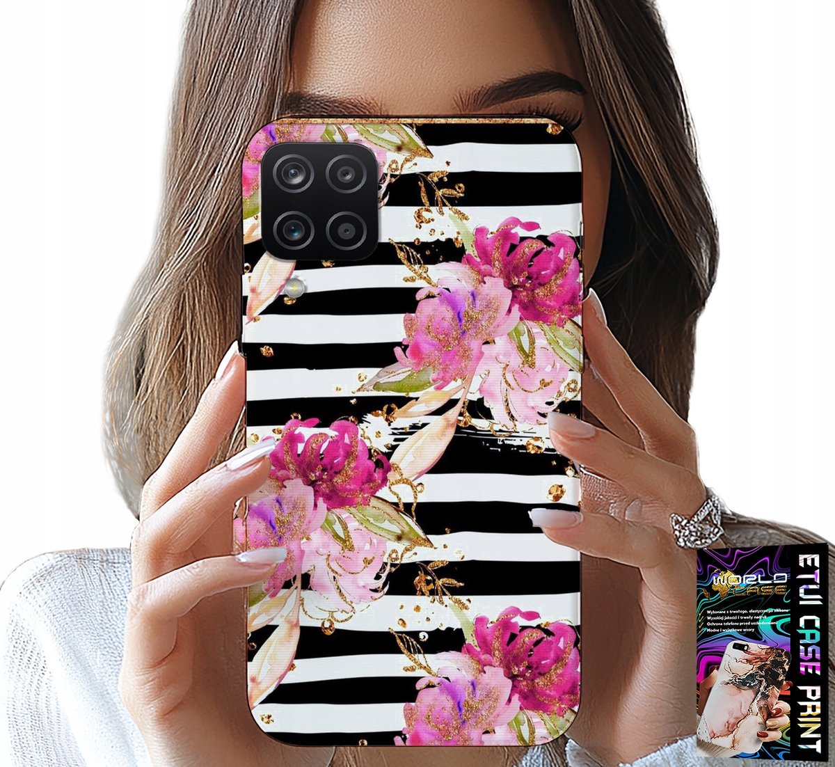 HOESJE VOOR SAMSUNG A12 / M12 - BLOEMENPATROON ZWART-WIT GESTREEPT