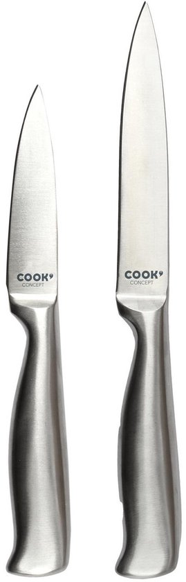 Twee zilverkleurige schilmessen van Cook Concept, met een gepolijste afwerking.