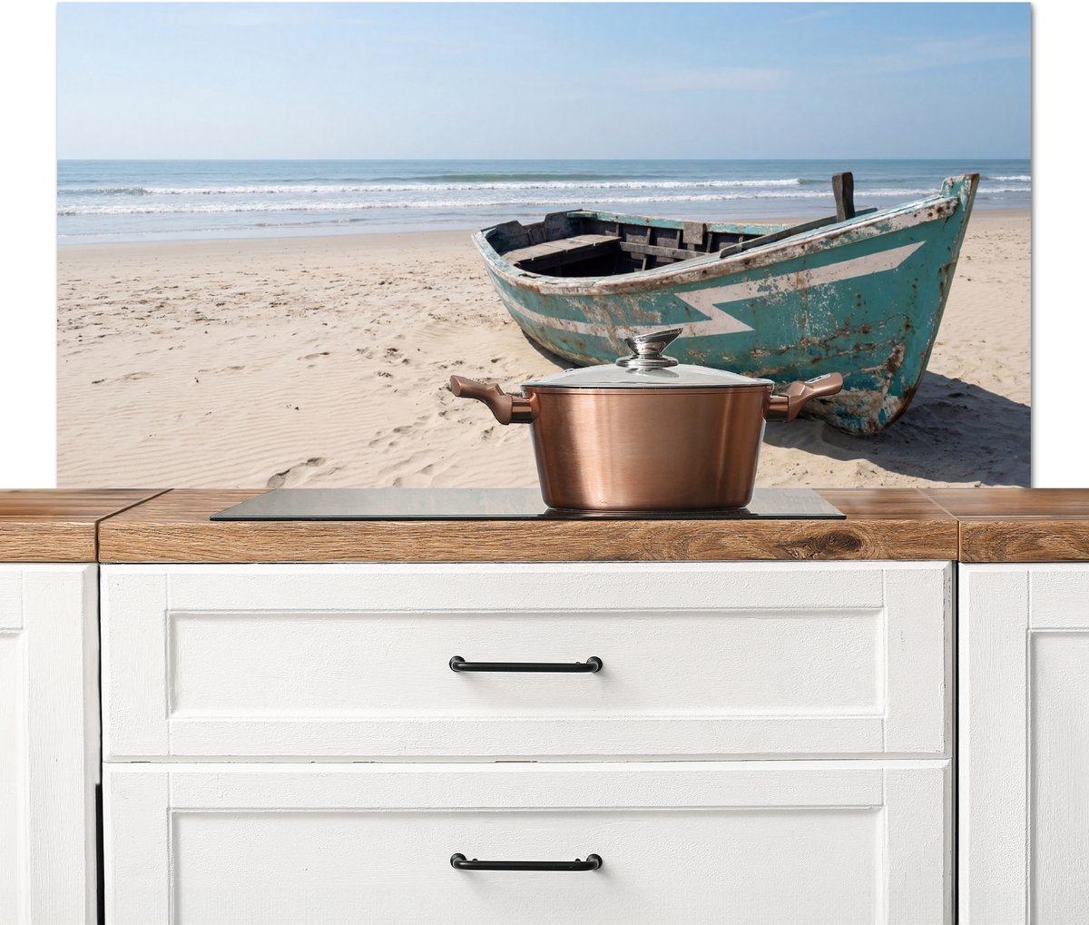 Spatscherm keuken 120x60 cm - Kookplaat achterwand Boot - Zandstrand - Zee - Muurbeschermer - Spatwand fornuis - Hoogwaardig aluminium