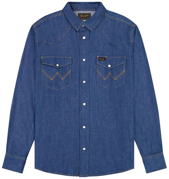 Diepblauwe spijkerblouse met lange mouwen, twee borstzakken, oranje wolven op de zakken, witte knopen.