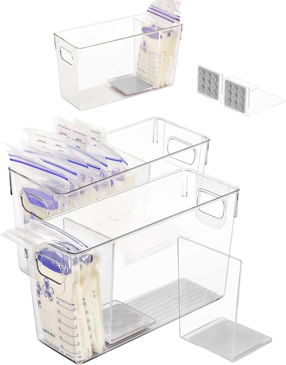 Moedermelk Opslag - Koelkast Organizer - Melk Invriezen - Staande Zakken Plat - 2 Containers 4 Verdelers - Grijs