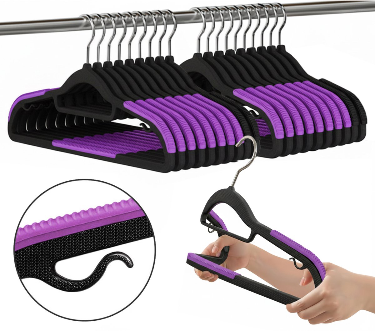 Severno Home Softy - Kledinghanger Set - Antislip - 20 Stuks - Zwart/Paars