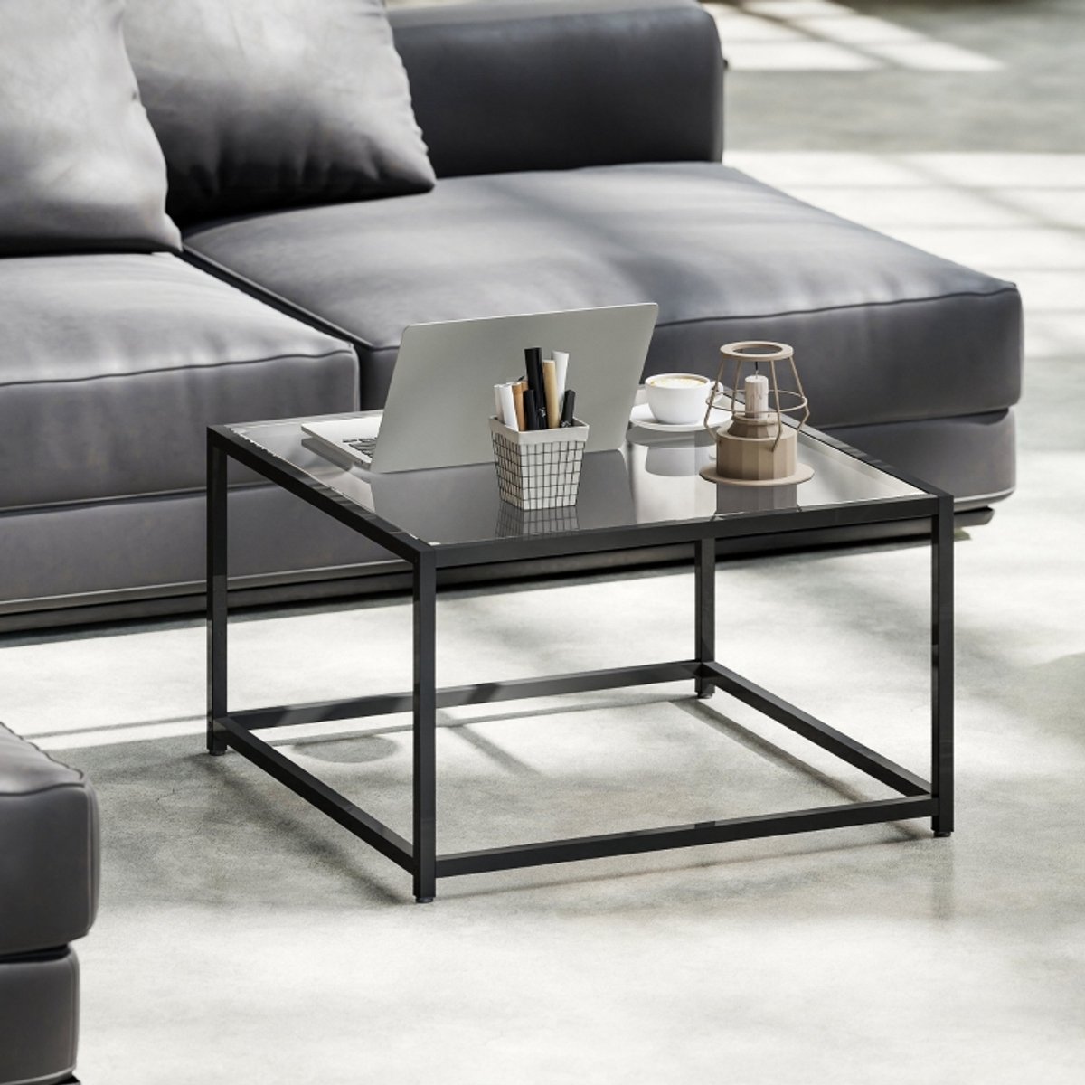 Wishdor Salontafel - Vierkant - Met Gehard Glazen Blad - Industrieel - Voor Woonkamer - Staal En Glas - Zwart - 68 X 68 X 39 Cm