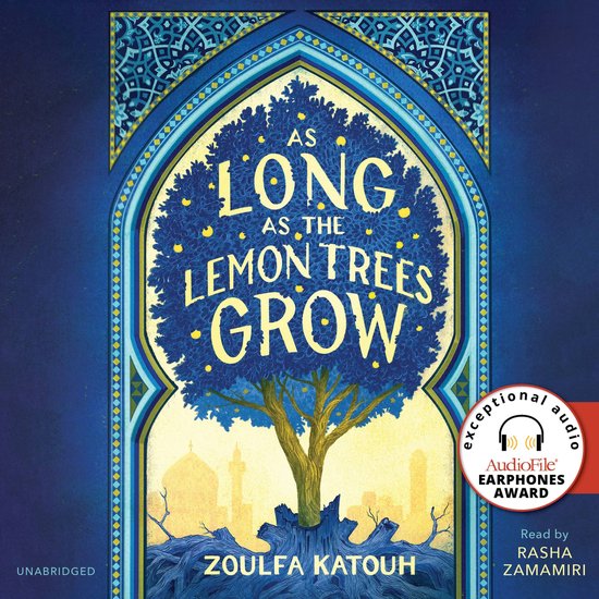 Boekomslag van "As Long As the Lemon Trees Grow" met een boom en stad op de achtergrond, en een AudioFile Earphones Award.
