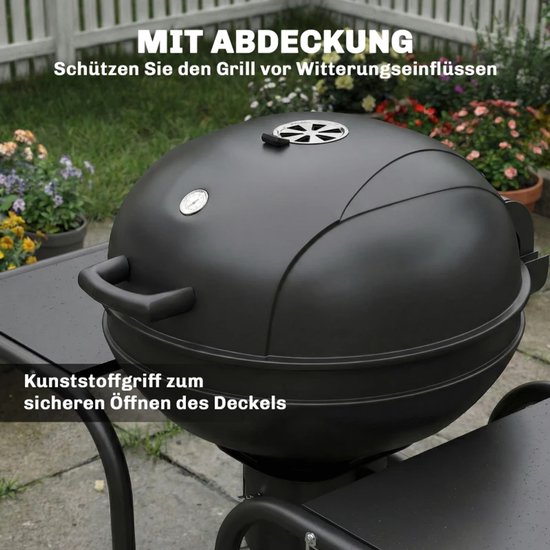 Premie Houtskool Barbecue - Houtskoolgrill met Rookfunctie - Grillrooster - Grilloppervlak Ø54 cm - met Bijzettafels, Deksel, Thermometer en Wielen - BBQ voor Kamperen, Buiten, Tuin - 129 x 63,5 x 106,5 cm - Zwart van Merkloos — afbeelding 2