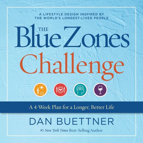 Boekomslag voor 'The Blue Zones Challenge' met de tekst 'A Lifestyle Design Inspired by the World's Longest-Lived People' en 'A 4-Week Plan for a Longer, Better Life' door Dan Buettner.