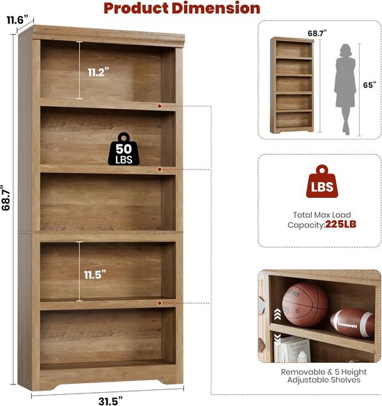 Afmetingen van een houten boekenkast van 175 cm hoog met 5 verstelbare planken en een maximale draagkracht van 102 kg.