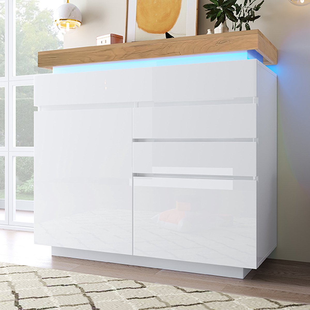 Wishdor - Dressoir - Hoogglans En Led-Verlichting - Modern - Spaanplaat En MDF - Wit - 115 X 110 X 39 Cm
