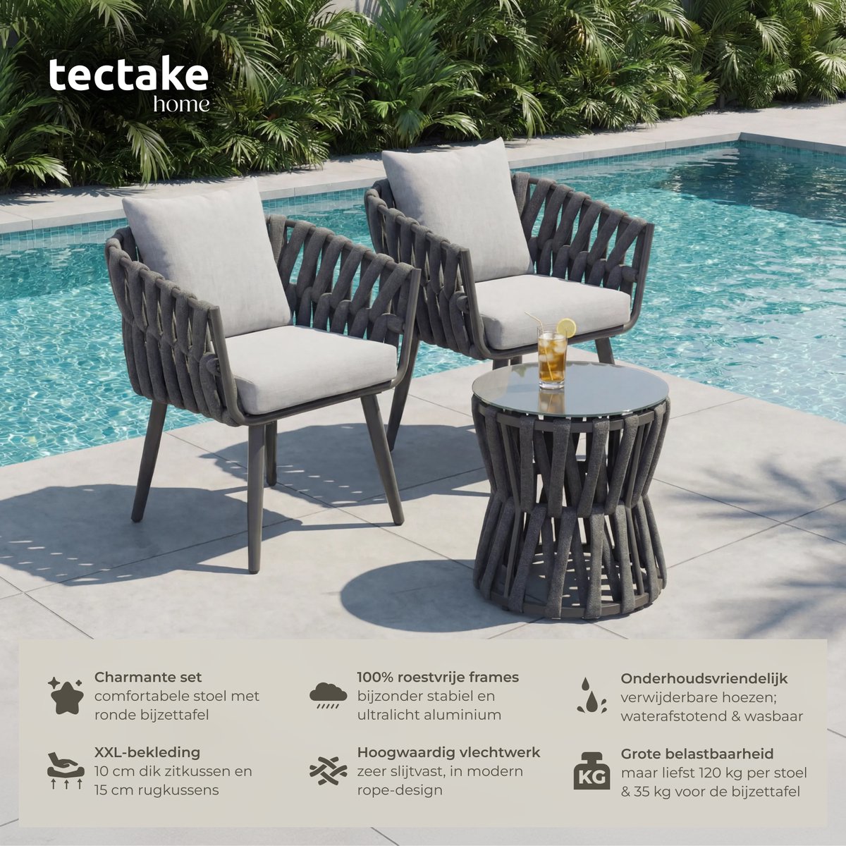 tectake® Tuinset Lugano - Tuinstoelen - 2 Loungestoelen met Bijzettafel - Buitenstoelen in Rope-Design met Aluminium Frame - Buiten Fauteuils met Dikke Kussens - Loungeset voor Tuin of Balkon - Terrasstoelen - UV- en Weerbestendig – foto 2