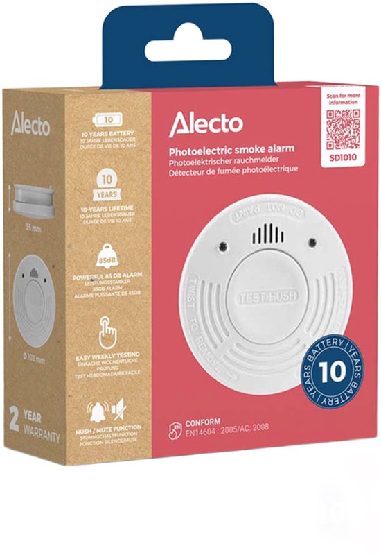 Alecto Rookmelder SD1010 - Brandmelder met batterij voor 10 jaar - Voldoet aan Europese norm - Wit