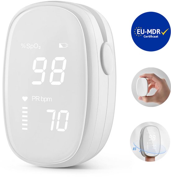 Witte oximeter met digitaal display. Toont %SpO2 98 en PR bpm 70. Inclusief EU-MDR certificaat.