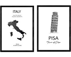 Poster Italië Monumenten - Wanddecoratie Kaart - Woonkamer Decoratie - Gedrukt op Antalis Papier - A4 Formaat - Kaart van Italië