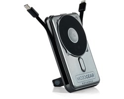 MOJOGEAR NovaMag All-in-1 Powerbank 10.000 mAh – Draadloos Qi2 supersnel opladen - Ingebouwde USB-C en Lightning kabel – Geschikt voor iPhone en Samsung - MagSafe powerbank - LED-indicator - Grijs