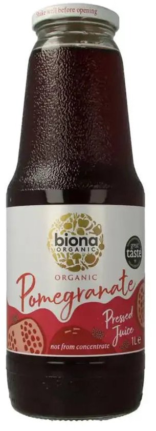 Biona biologisch granaatappelsap in een glazen fles, met afbeeldingen van granaatappels en de tekst 'Organic Pomegranate Pressed Juice 1L'.
