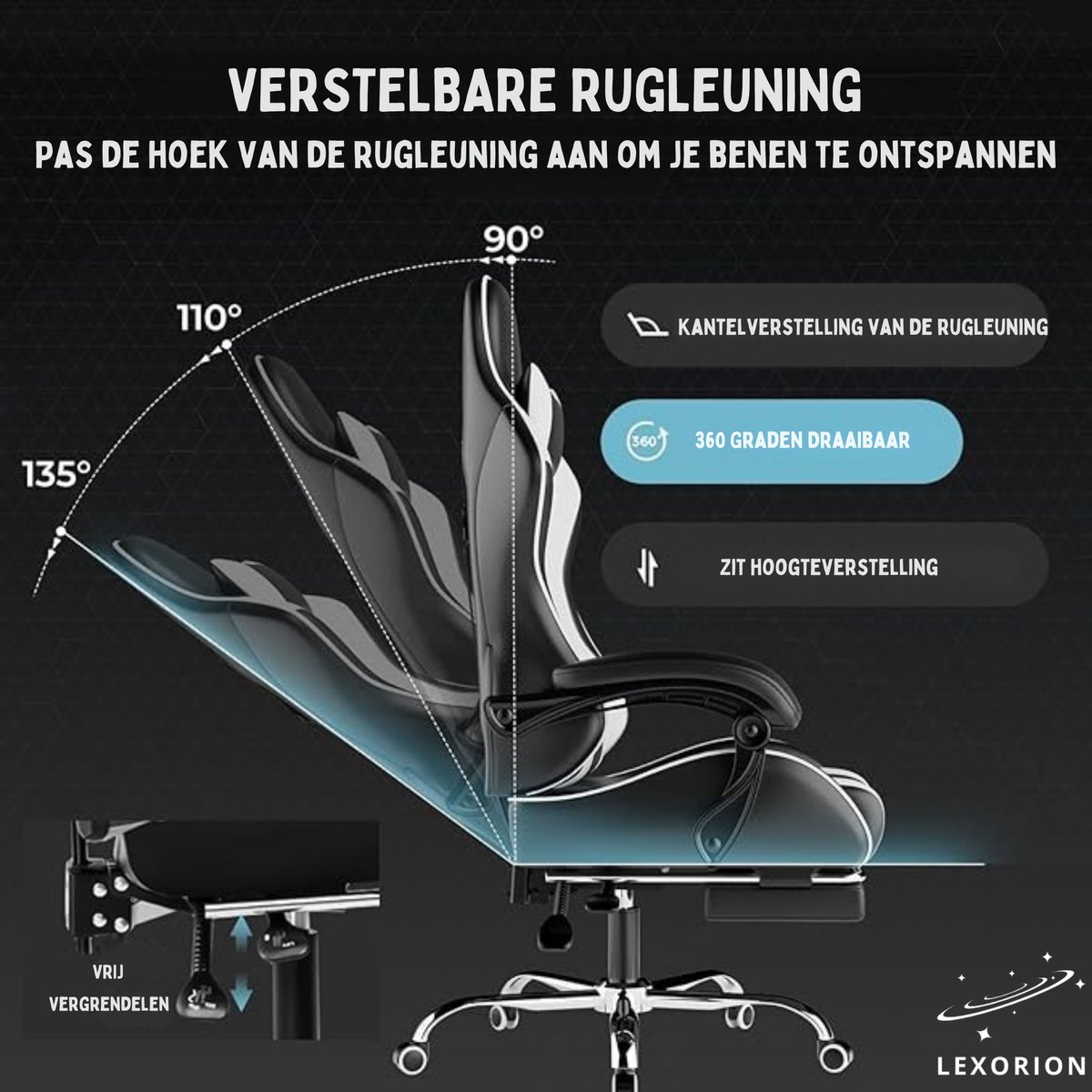 Hefei Gaming Stoel Ergonomisch met Gratis RGB Muis - Grijs - afbeelding 3