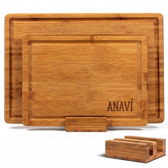 Anaví Bamboe Snijplankenset met Houder - Houten Snijplank met Handvaten – Snijplank met Sapgeul - Antibacterieel - Borrelplanken - (40x28x2.5 - 30x22.5x1.5 cm)