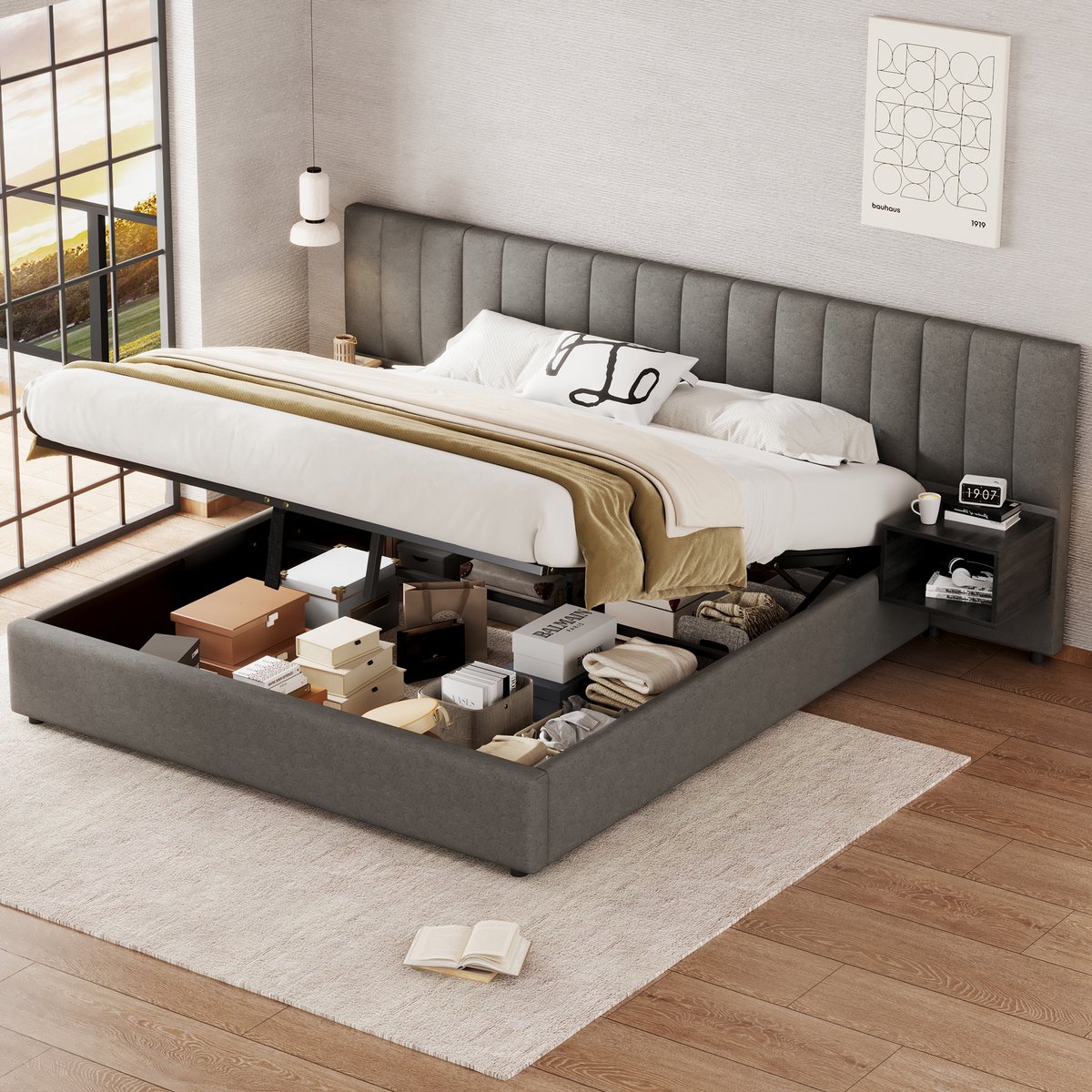 MODENUIT Gestoffeerd bed 180x200 cm – Hydraulische opbergruimte – 2 nachtkastjes – Zonder matras – Grijs/Zwart