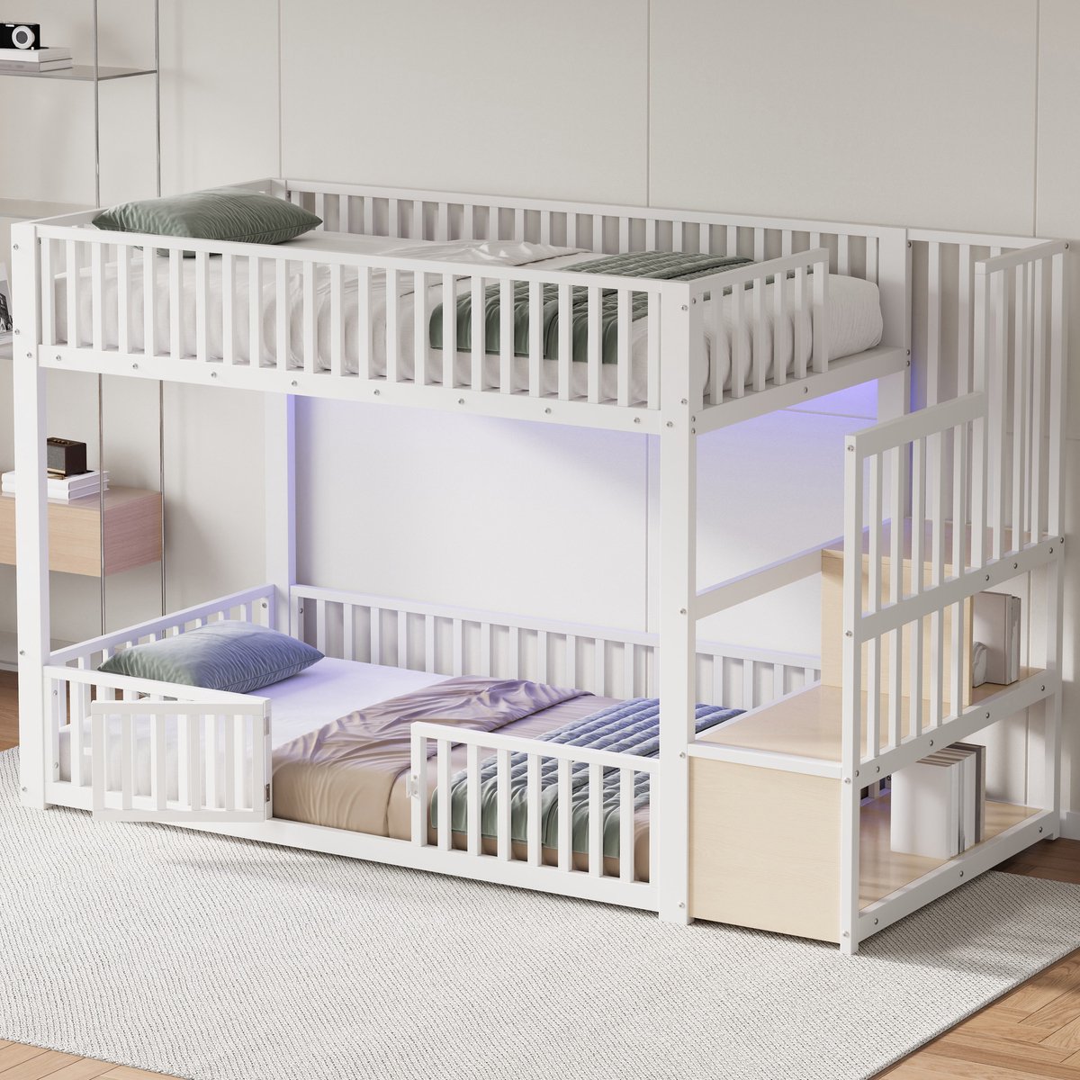 MODENUIT Stapelbed 90x200 cm – Laag model met ledverlichting – Ladder met opbergruimte – Zonder matras – Metaal en mdf – Wit