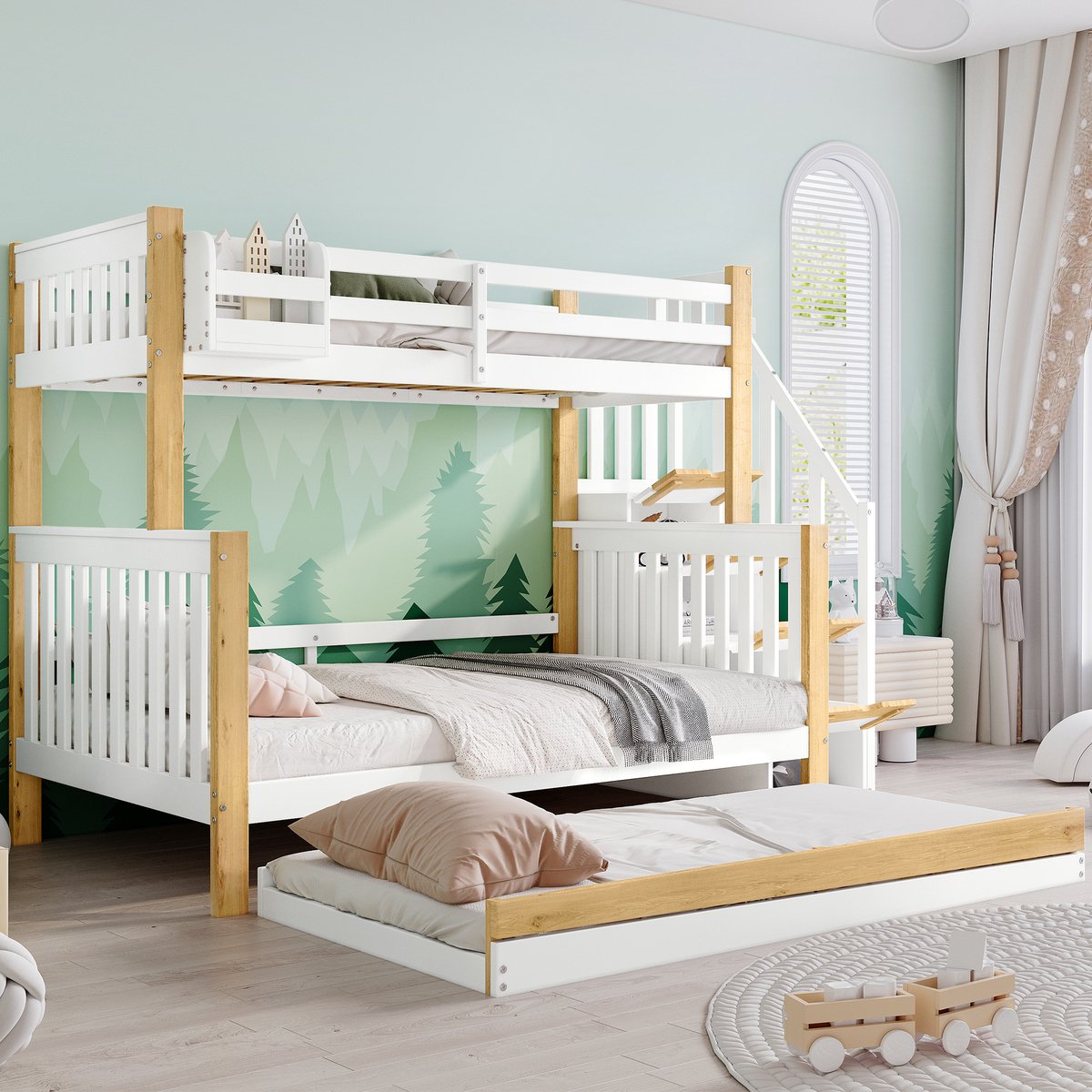 MODENUIT Stapelbed 120x200 cm – Met uitschuifbed en opbergtrap – Met valbeveiliging – Zonder matras – Wit/Naturel
