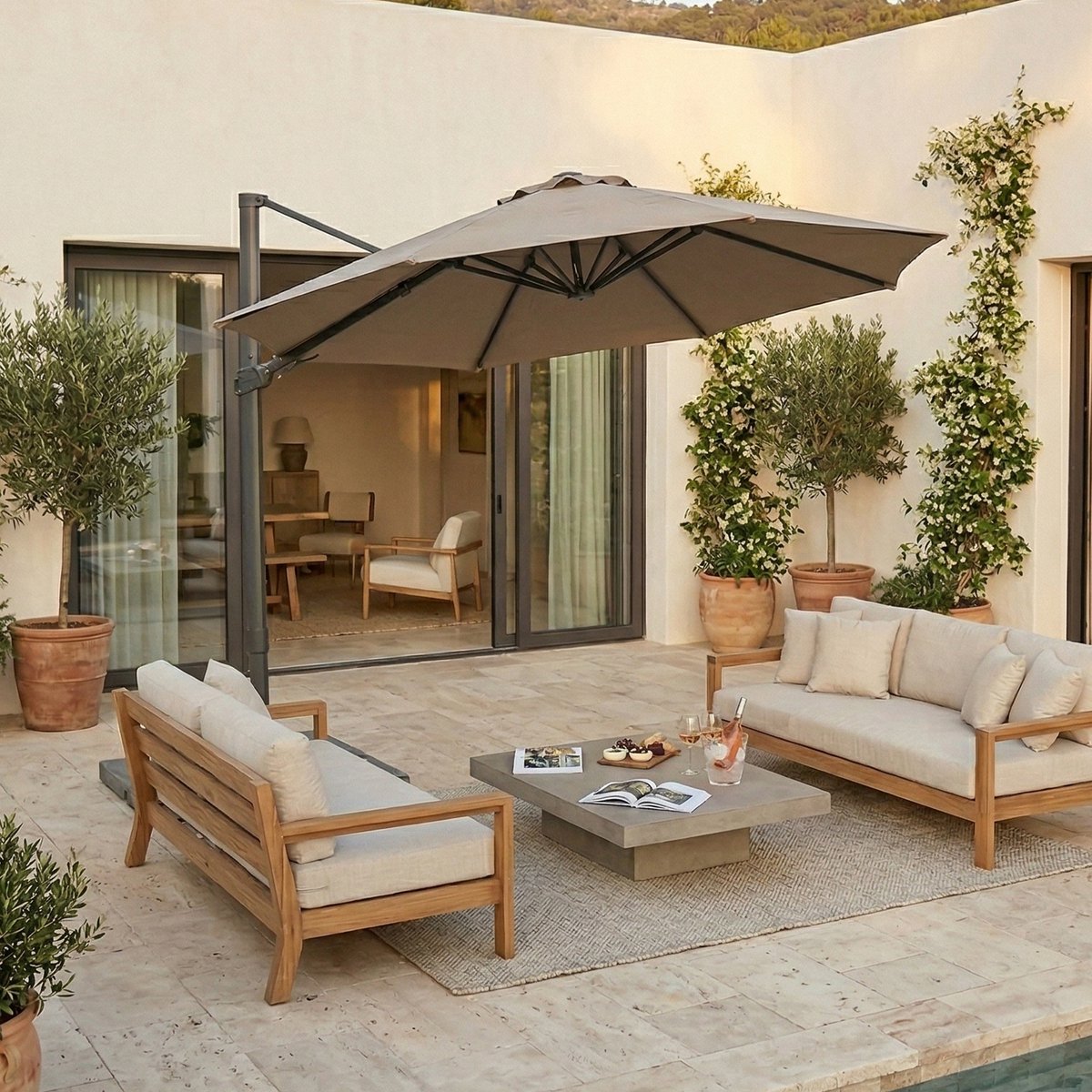 AXI Solis Zweefparasol Ø 300cm Antraciet/taupe incl. Hoes – Gepoedercoat frame met kruisvoet – 360° Draaibaar - Kantelbaar – foto 5