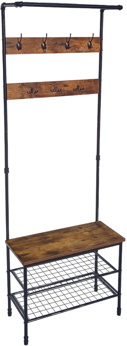 BEGRYF Kapstok met Bankje - Rustiek Bruin - 66x32x186 cm - Met Schoenenrek en Haken - Industrieel Design