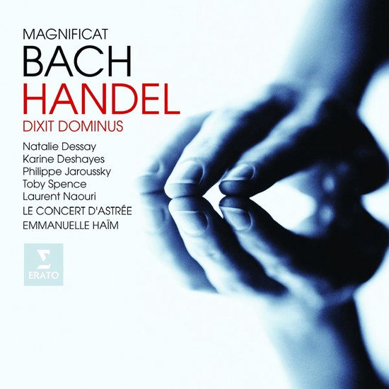Cover van "Magnificat Bach Handel Dixit Dominus" met handen en tekst.