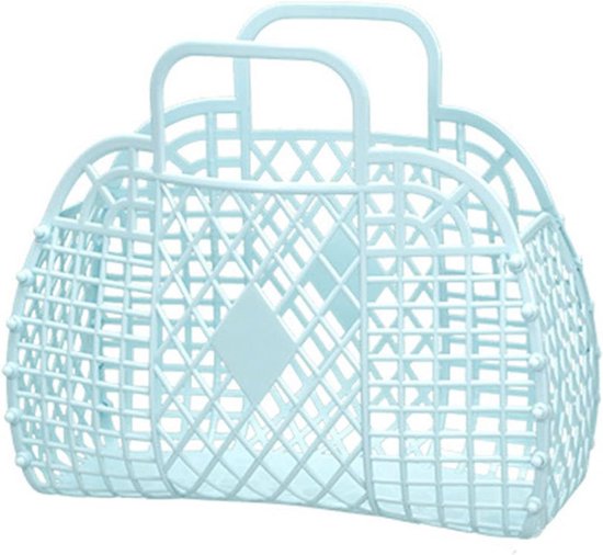 Panier en plastique bleu clair à structure ouverte et deux poignées.