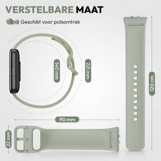 Groen smartwatchbandje met gesp en afmetingen. Verstelbare maat, geschikt voor polsomtrek.
