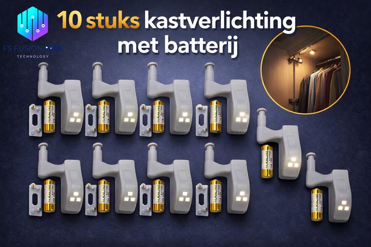 10 Pack! Automatische Kast Verlichting - Scharnierverlichting - Kastverlichting -FS Fusion Pack – (10 stuks) – Warm & Koud LED Licht – Met Batterij Scharnier - LED - Koud Licht - Set van 10 - incl. Batterijen-Ikea Pax, keuken meubels woning