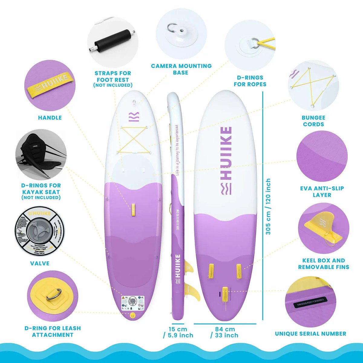 HUIIKE SUP Board - Opblaasbaar Paddle Board met Accessoires, Peddel, Vinnen, Pomp - Stand Up Paddle met Hoge Stabiliteit - 305 x 84 x 15 cm - Max. 130 kg – foto 2