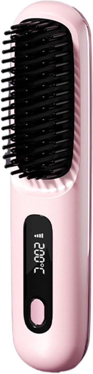 Draadloze stijlkam - compacte haarborstel voor glad en verzorgd haar - snel opwarmen - roze - 20 x 4,5 x 3 cm - ABS voor reizen, pony en kort haar