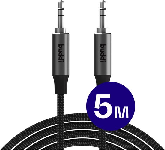 Buddi Flex 3.5mm Jack Aux Kabel 5m – Nylon, Vergulde Connector, Stereo Audio, Universeel voor Auto, Speaker, Koptelefoon