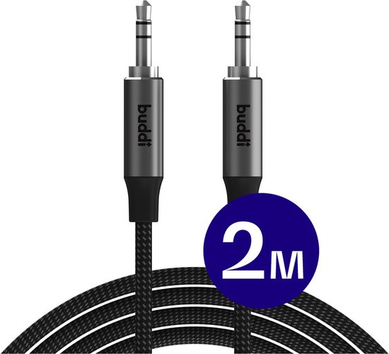 Buddi Flex 3.5mm Aux Kabel 2m – Nylon Jack naar Jack Audiokabel, Vergulde Connector, Stereo Geluid, Auto & Speaker