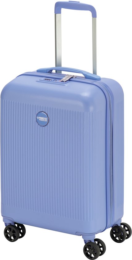 Lichtblauwe koffer met ribbelpatroon, handvat, TSA-slot en vier dubbele wielen.